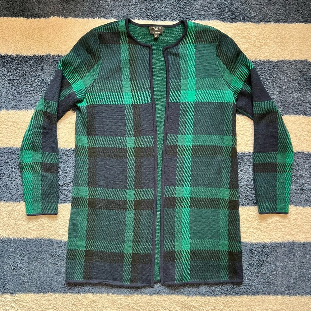 Talbots Merino Wool Green Watch Plaid Open-Front Cardigan